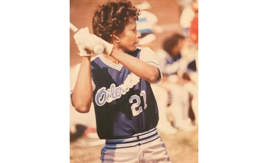 Archival photograph of Danette Onymelkwe batting, from the 2024 Hall of Fame gallery